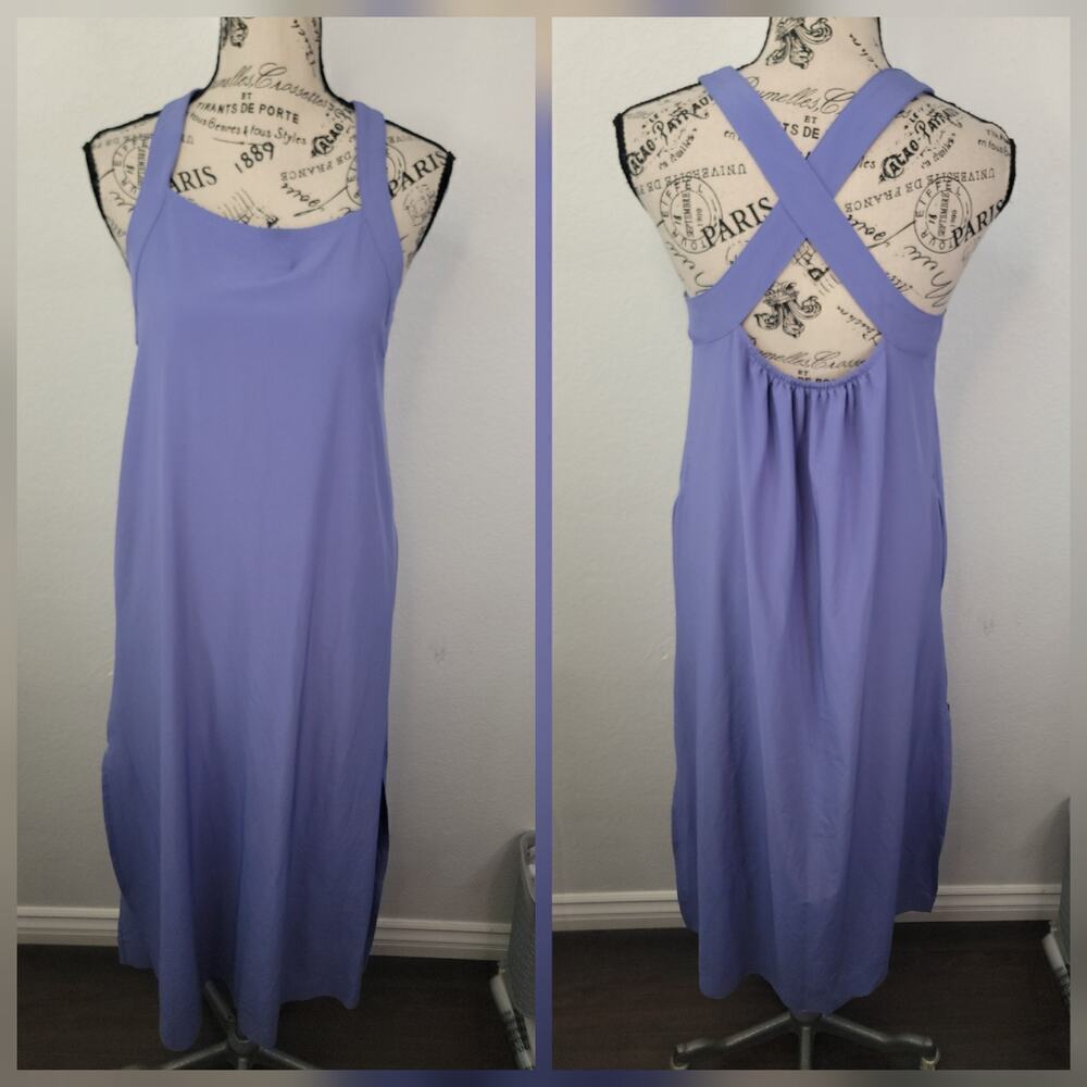 Athleta Arrival Maxi Dress Women's XS Adonis Blue Pockets Cross Back Athleisure